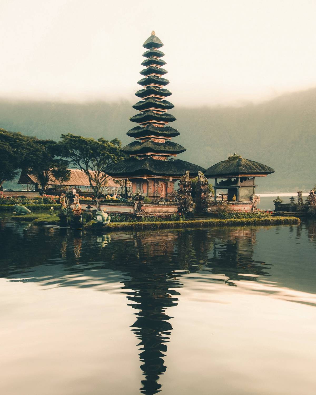 Pura Ulun Danu Bratan temple reflected in a lake in Bali